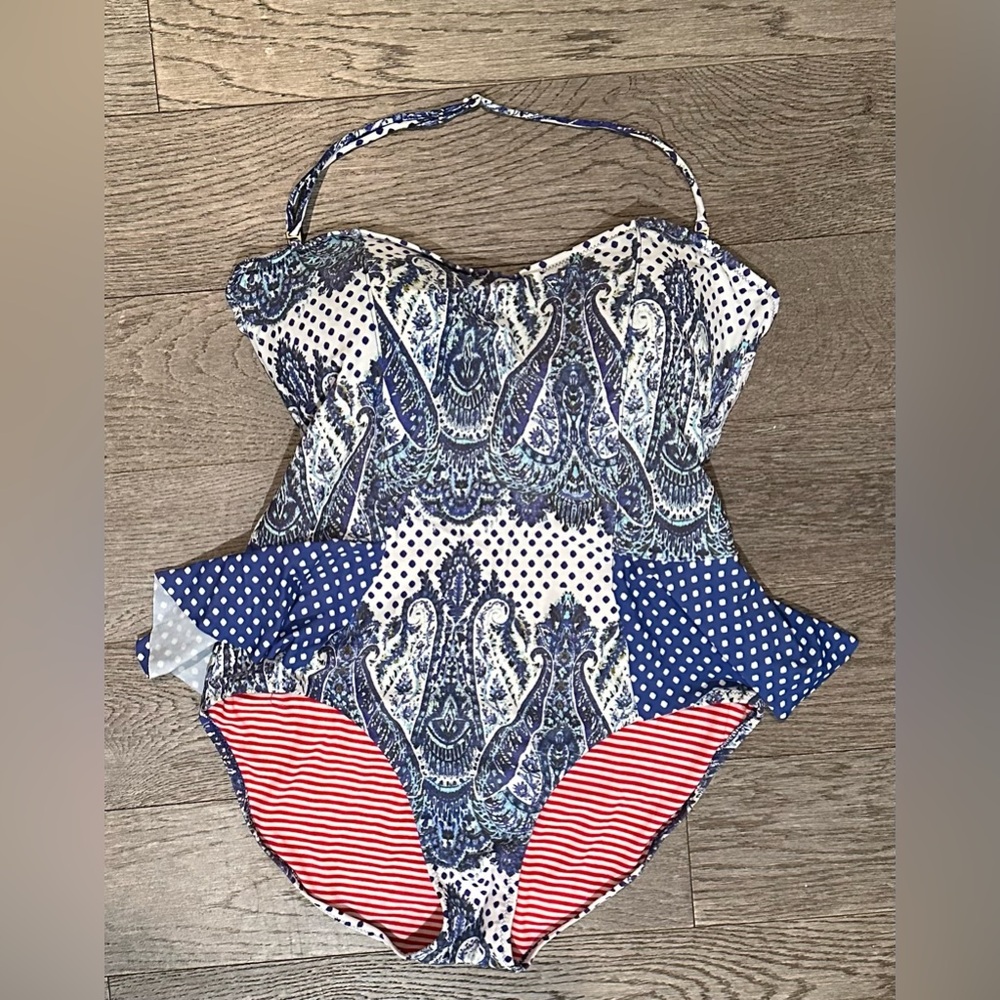 Jessica Simpson Blue & White One Piece Bathing Suit Swimsuit Bow Size XL